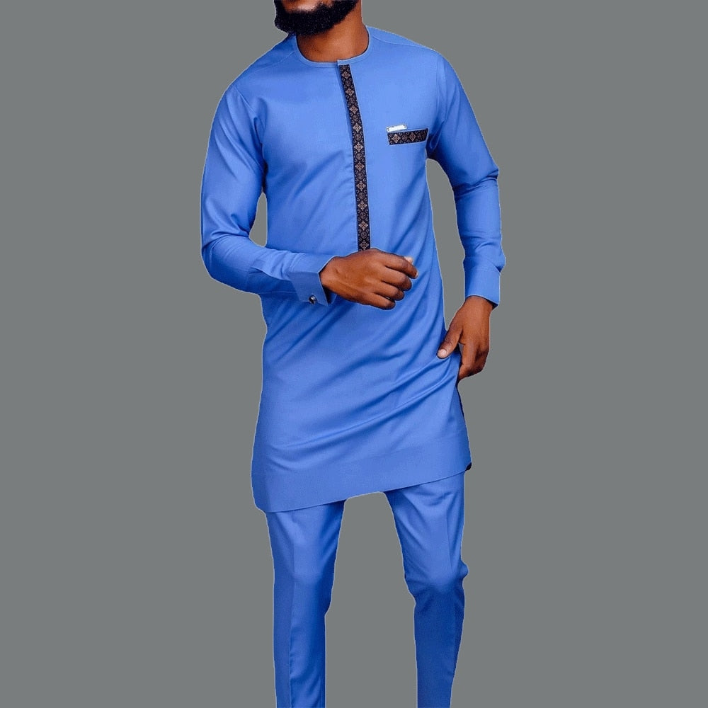 Kaftan Summer Men's Suit Round Neck Long-sleeved Top Pants African Male 2PCS Clothing Sets