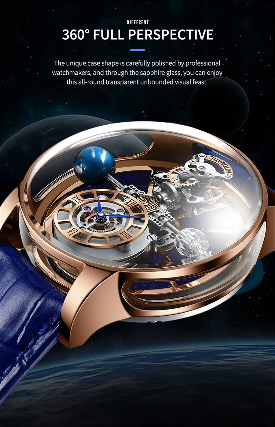 2023 PINDU P6570 Watch Men Golden Blue Jacob&Co Celestial Roulette Quartz