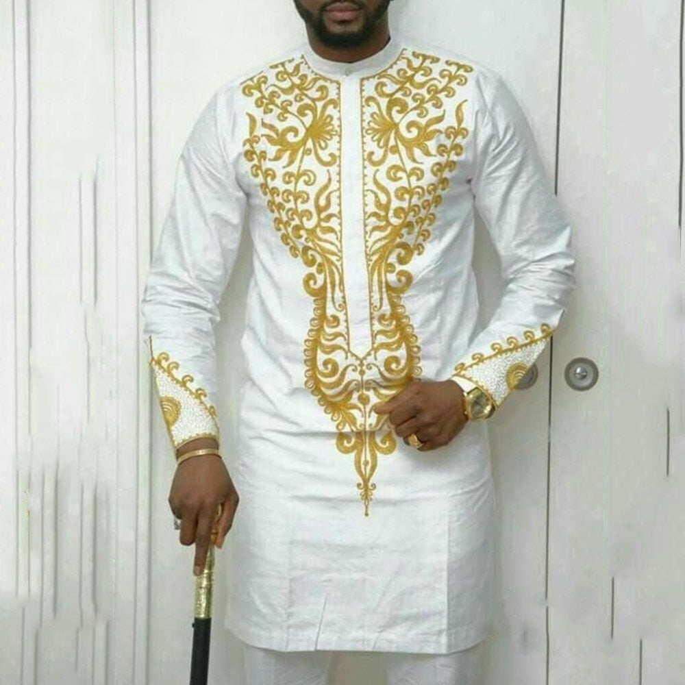 Kaftan African Men's Suit White Long Sleeve Stitching Shirt and Social Pants 2 Pieces Set