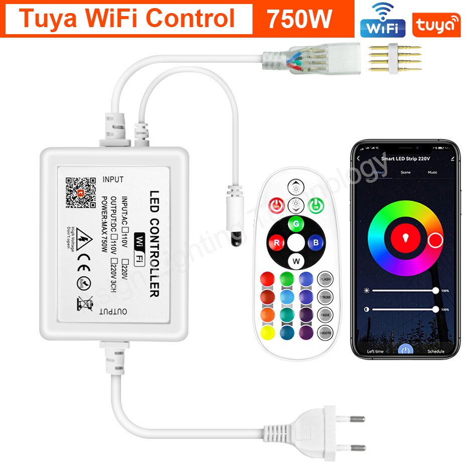 Tuya Smart Wifi Controller 220V RGB SMD5050 2835 LED Strip 4Pin Neon Light with IR Remote Control