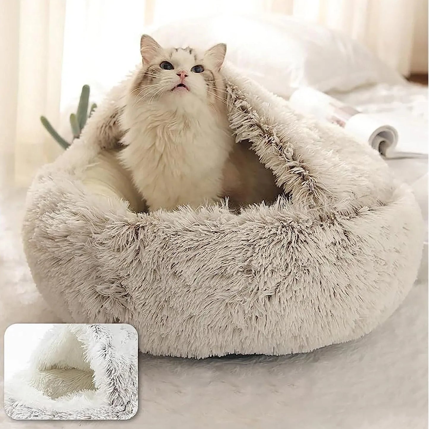 Soft Plush Round Cat Bed Pet Mattress Warm Comfortable Basket Cat Dog 2 in 1