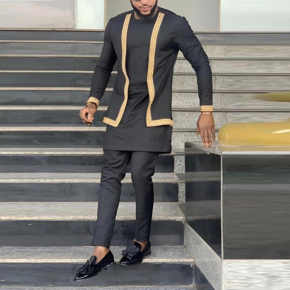 Kaftan Summer Men's Suit Round Neck Long-sleeved Top Pants African Male 2PCS Clothing Sets